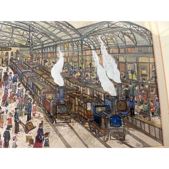 Watercolor Pen&Ink Painting Brighton Train Station During Turn of 20th Century - Picture 5 of 11